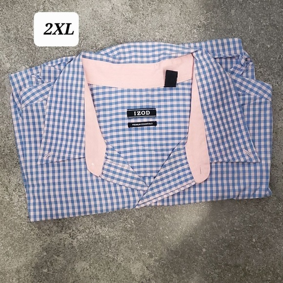 IZOD Premium Essentials 2XL Blue Gingham Check Dress‎ Shirt Pink Trim - Picture 1 of 1